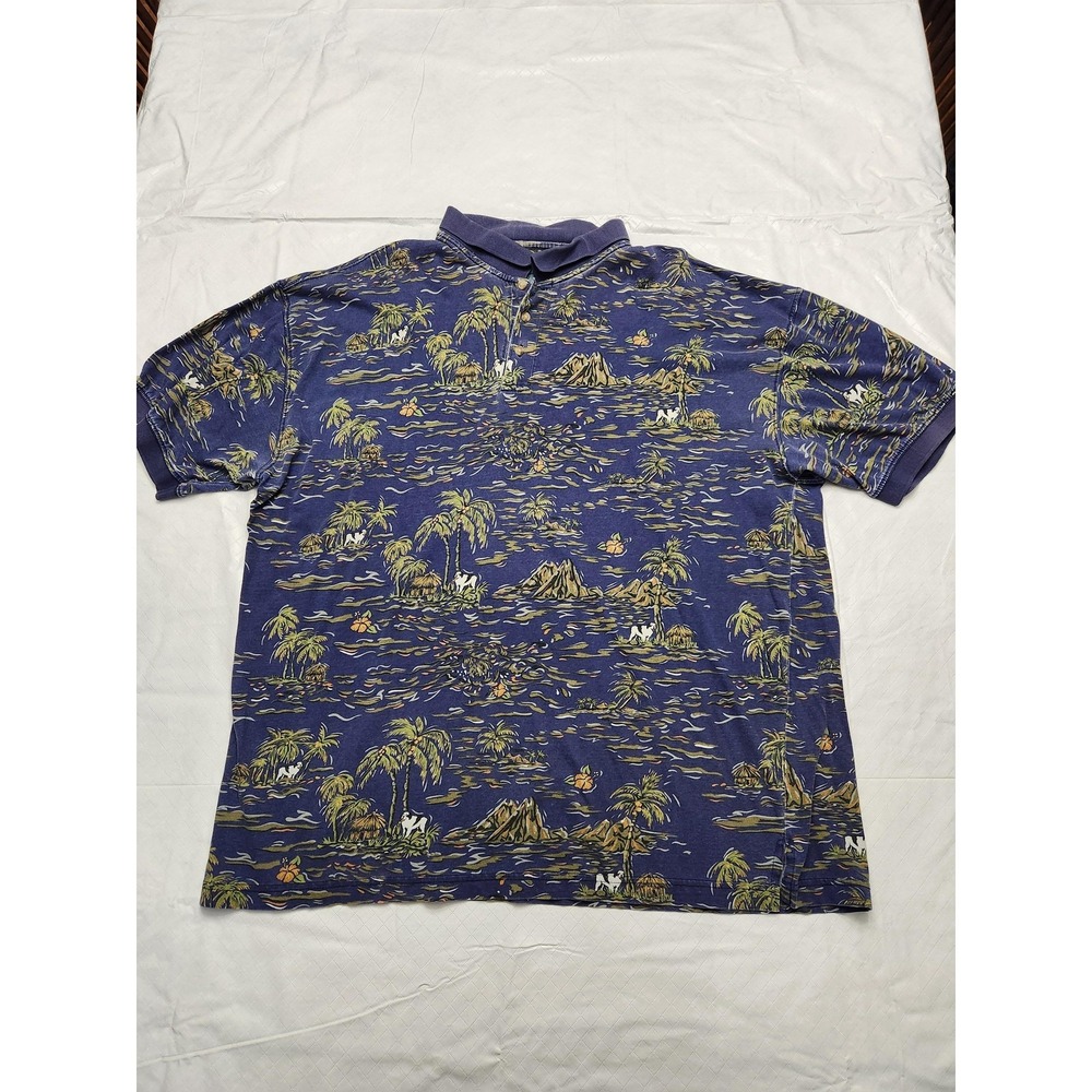 Vintage Big Dogs Polo Shirt Mens 3XL‎ Blue Hawaiian Tropical Dog Print Big Tall